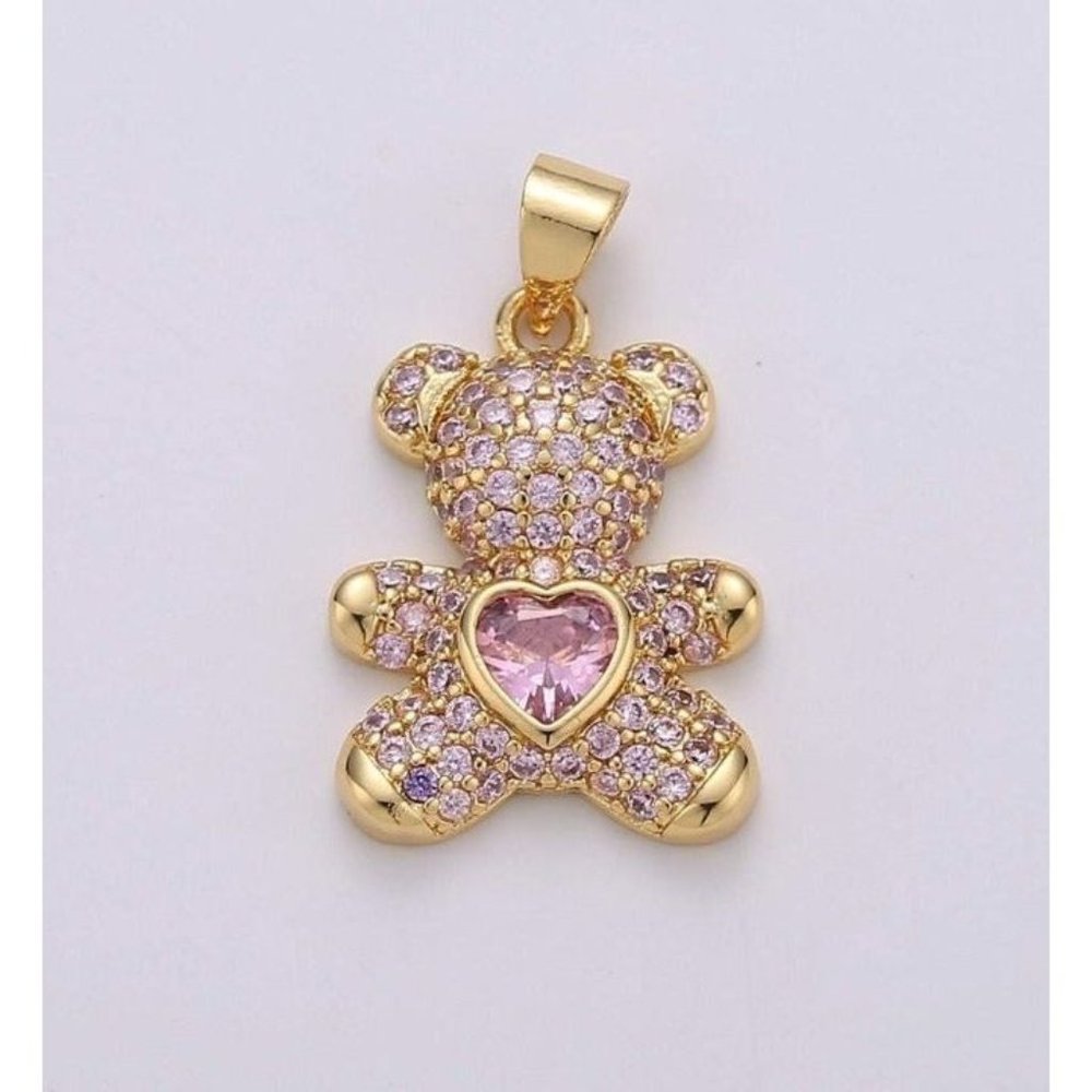 18k Yellow Gold Pink Diamond Pink Ruby Heart Cute Teddy Bear 18 Inch Necklace